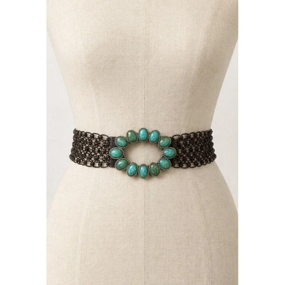 Boho Faux Turquoise Stone Statement Belt Brown Woven Leather Wide Western Belt
